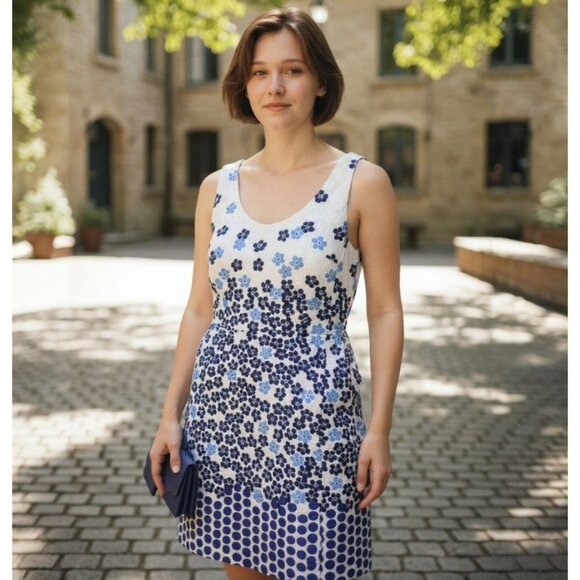 Karl Lagerfeld Paris A-Line Blue White Floral Sleeveless Scoop Neck Dress SZ 12 - Picture 1 of 14